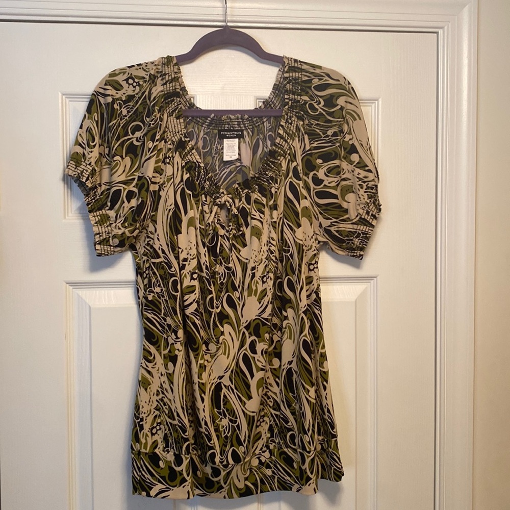 New Perseption Olive, Black & Cream Blouse…size 2X
